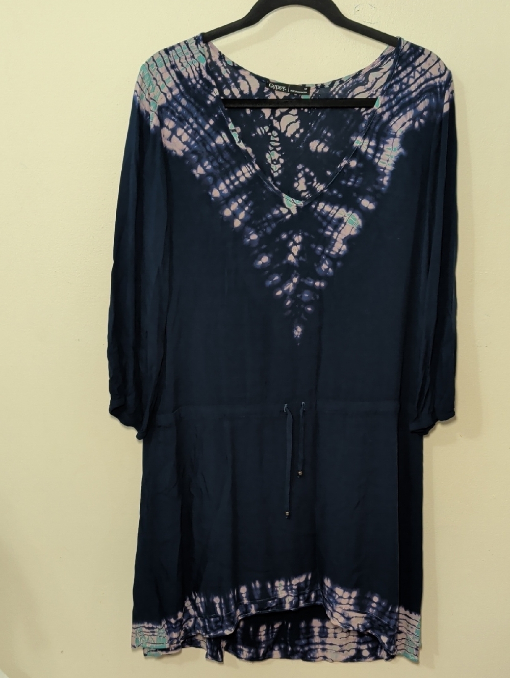 Gypsy 05 Tie-Dye Blouson Mini Dress Blue White Drawsting Boho Hippie Size M